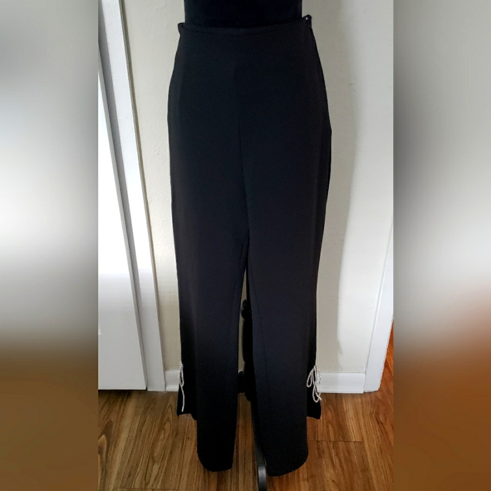 Lulumari Black Wide Leg Pant With Rhinestone Bow At Bottom Of Each Leg